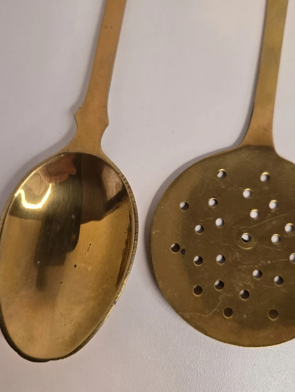 Vintage French Country Brass Kitchen Utensils, 4 Piece Set, Cut Out Handles